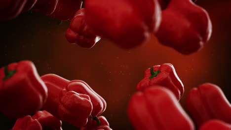 Clean-red-bell-peppers-with-water-droplets-falling-down-in-front-of-the-blurry-background.-Slow-motion-computer-generated-imagery-presenting-realistic-looking-vegetables-in-the-air.-Loopable.-HD