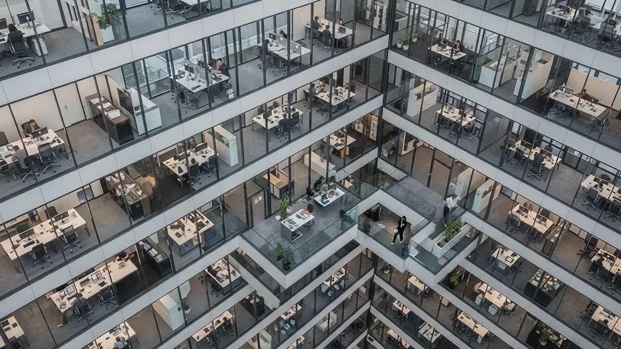 Aerial View of Modern Office Building Featuring Multi-Floor Workspace with Glass Walls, Desks, and Employees Engaged in Various Activities in a Collaborative Environment