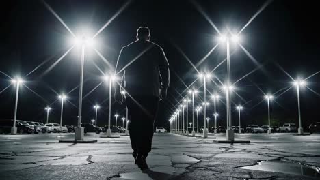 man walking away from the camera in a deserted parking lot at night, illuminated by street lights, enhancing a dramatic and lonely atmosphere filled with shadows