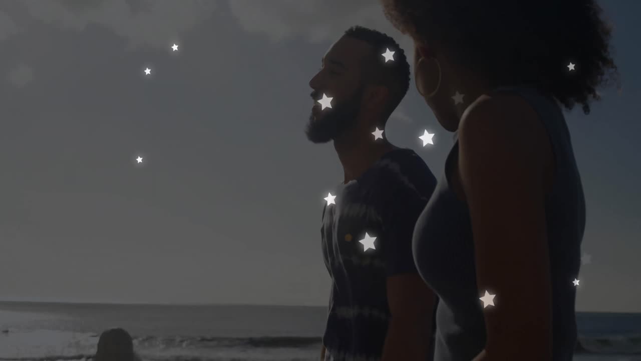 해변에서 다양한 커플에 대한 별의 애니메이션