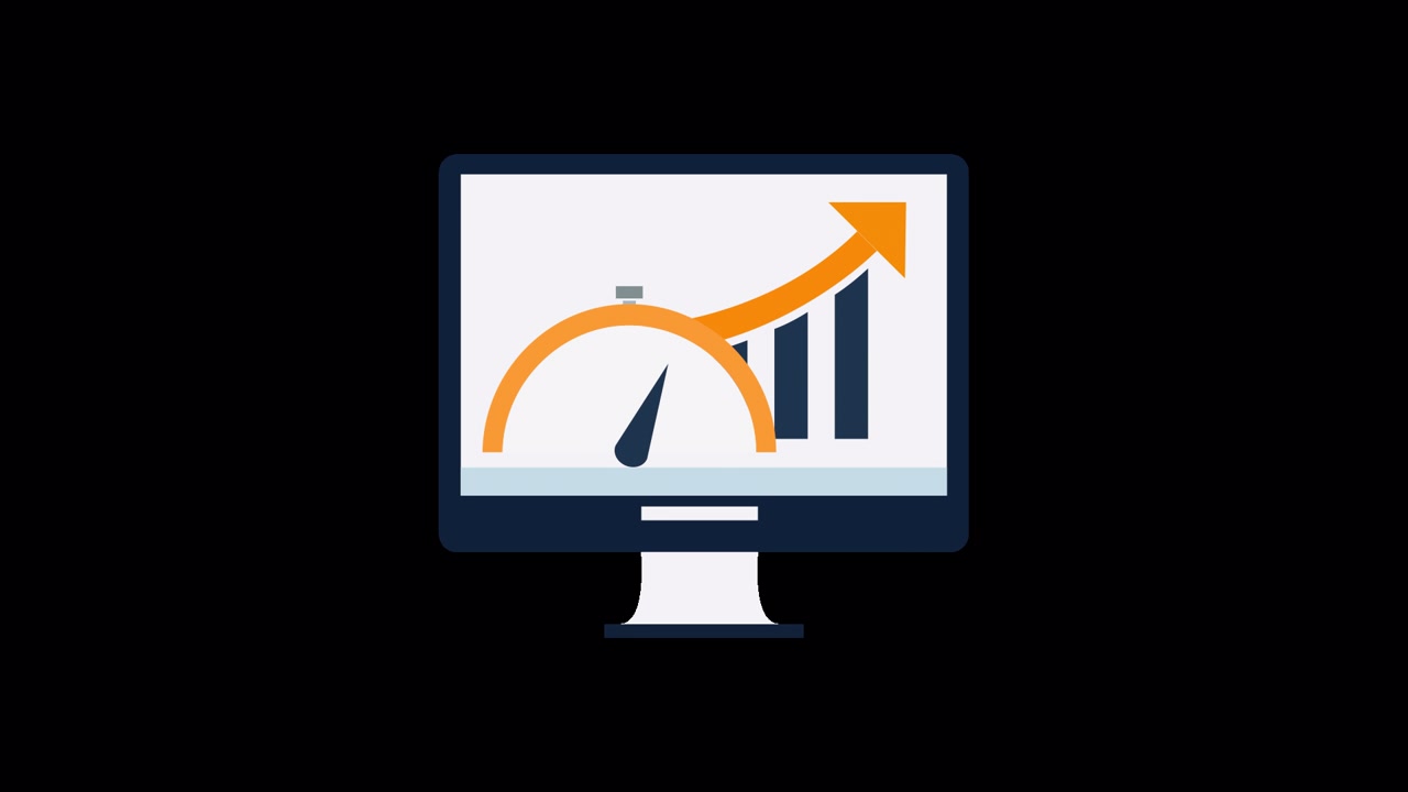 Animated Monitor with Speedometer and Upward Trending Bar Chart