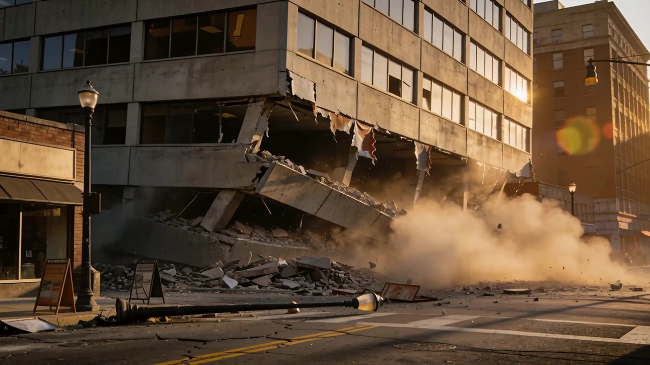 Collapsing midrise building after lower corner failing, dropping slabs, dust, fallen pole downtown