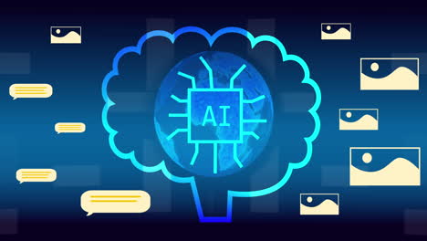 animation of brain with globe and ai text over landscape icons on blue background