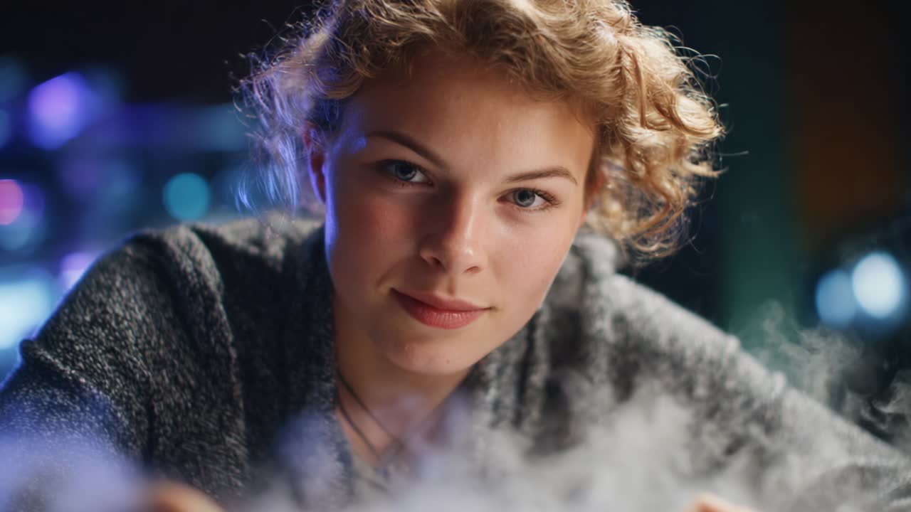 Capturing the Enigmatic Allure: A Young Woman Engaging with Mystical Vapors in a Dark Atmosphere, Showcasing Her Curious Expression and a Playful Interaction with Evaporating Mist