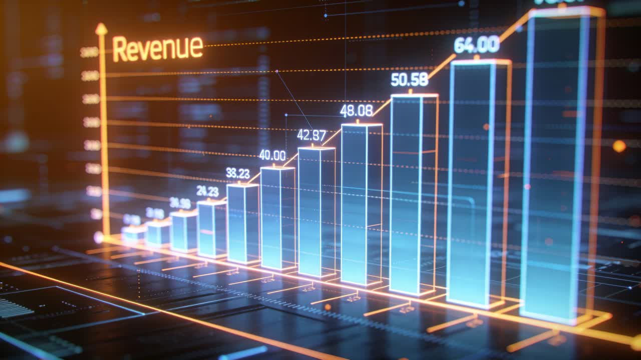 Dati in tempo reale si aggiornano, con barre animate sul grafico dei ricavi, etichette che appaiono e una linea che sale mostrando la crescita.