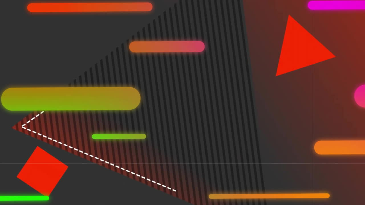 Animation of colourful shapes moving and triangles on gray background