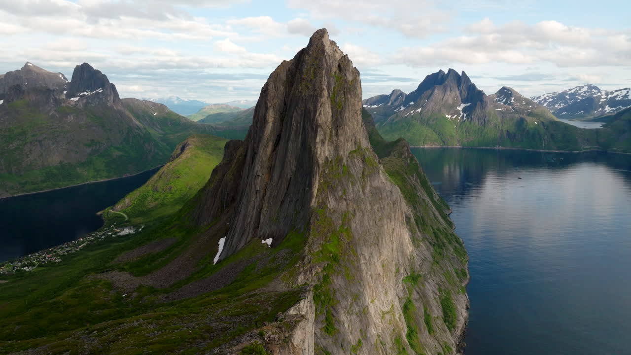 Segla mountain in Fjordgard Norway famous for hiking and ecotourism. Aerial arc
