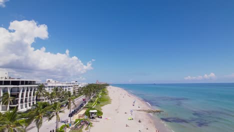 Coastline-sidewalk-street-Aerial-drone-view-of-west-palm-beach-skyline-downtown-area-and-beautiful-beach-sand-and-boats-in-water