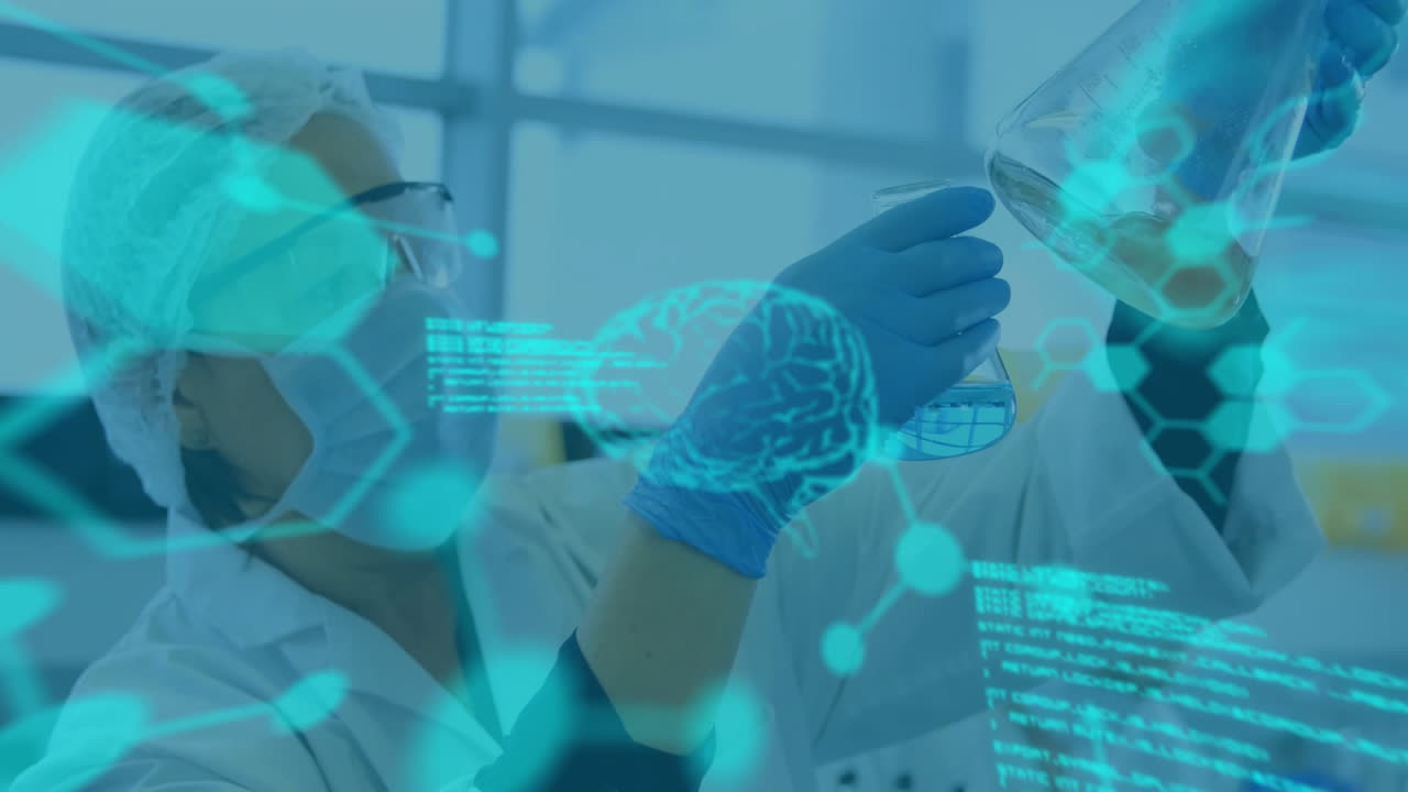 연구실에서 아시아 여성 과학자에 대한 과학 데이터 처리 및 인간 뇌의 애니메이션