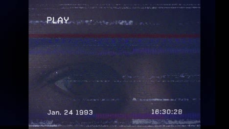 vhs glitch camera effect over close up of a female eye