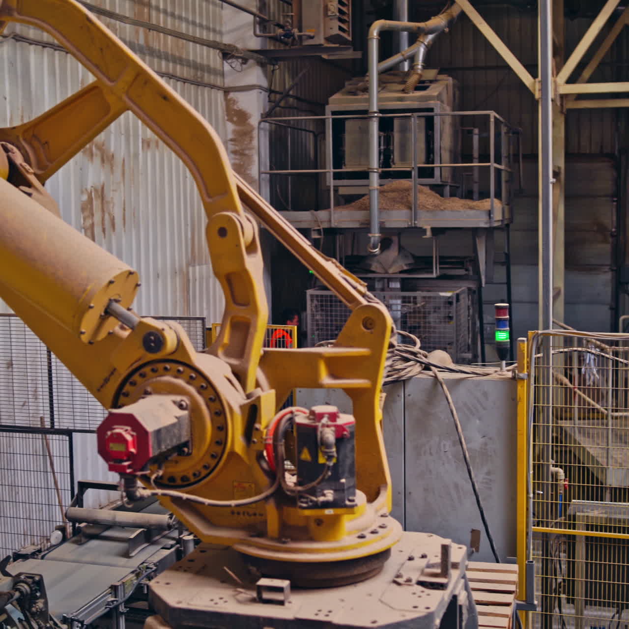 Industrial background with robotic equipment. Factory robot machine. Manufacturing production. Futuristic technologies.