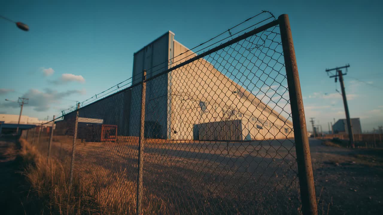 Showing barbed-wire-topped chain-link fence enclosing industrial lot and metal warehouse behind