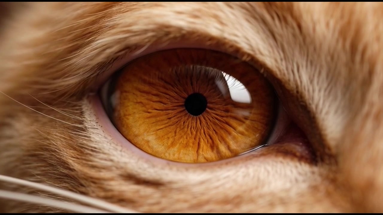 Primissimo piano di un occhio di gatto arancione che sbatte le palpebre