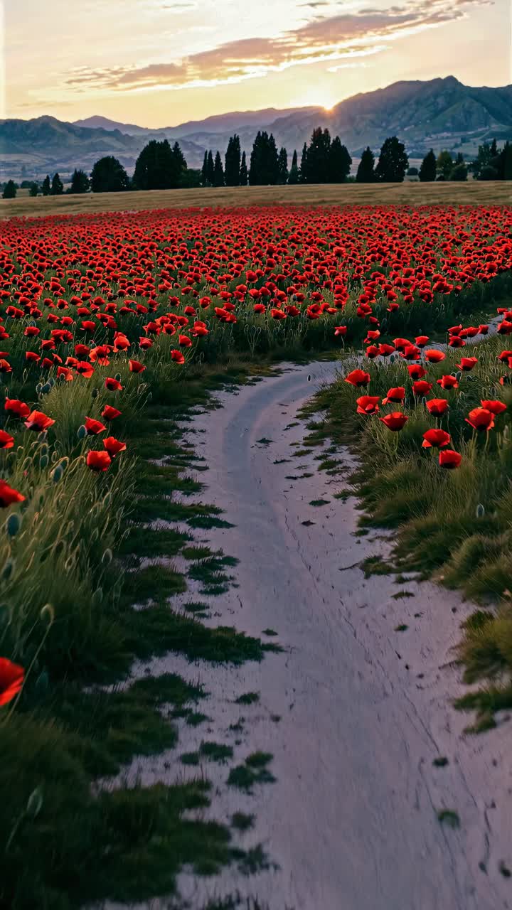 Aerial view of a winding path through a vibrant poppy field at sunset, capturing a serene landscape