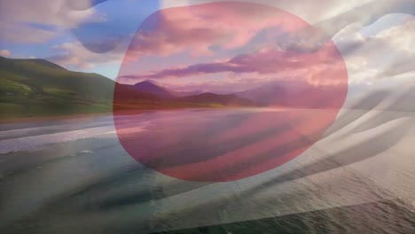 animation of flag of japan blowing over beach landscape