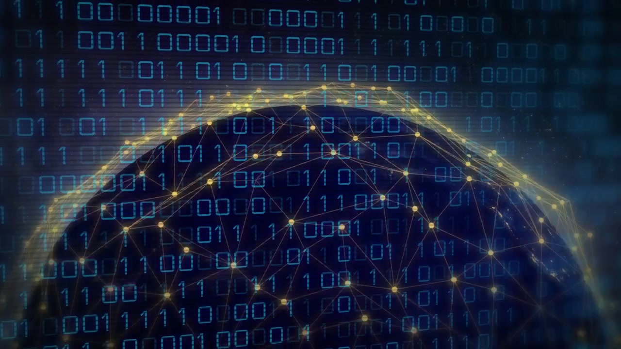Camera rising, revealing Earth half, gold nodes blinking, arcs sweeping, binary showing data flow