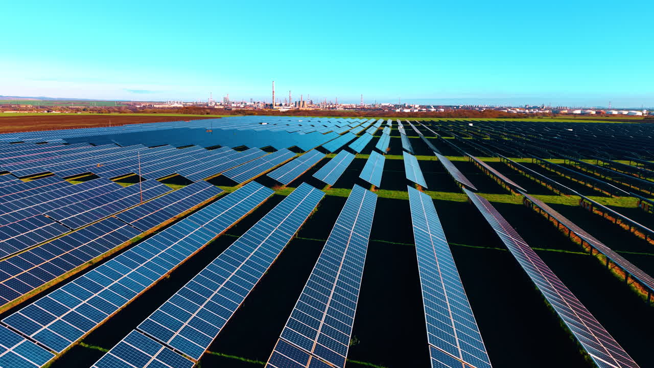 Store landområder på landet dækket med lange solpaneler. Solceller opsamler sollys for at producere grøn energi.