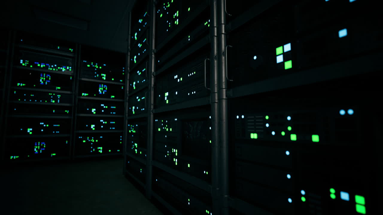 Data center illuminated by electronic equipment during nighttime operations