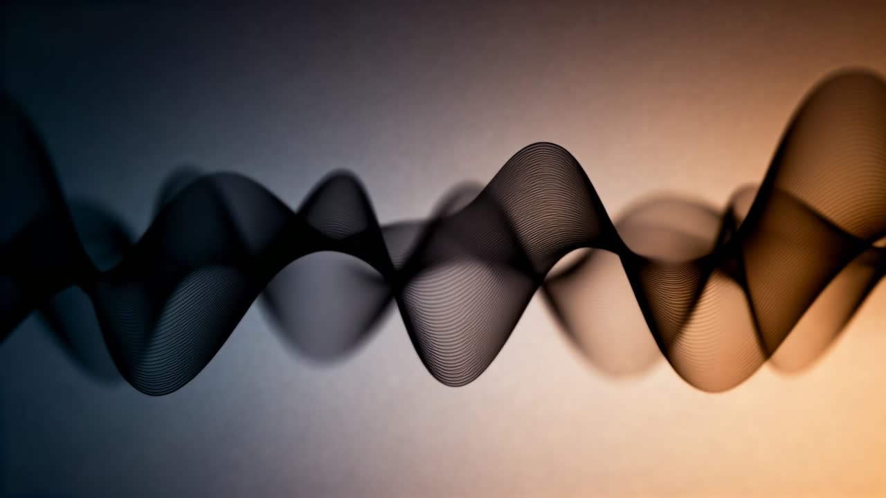 Undulating black mesh ribbon shifting with frames in studio blue-to-amber gradient, casting shadows