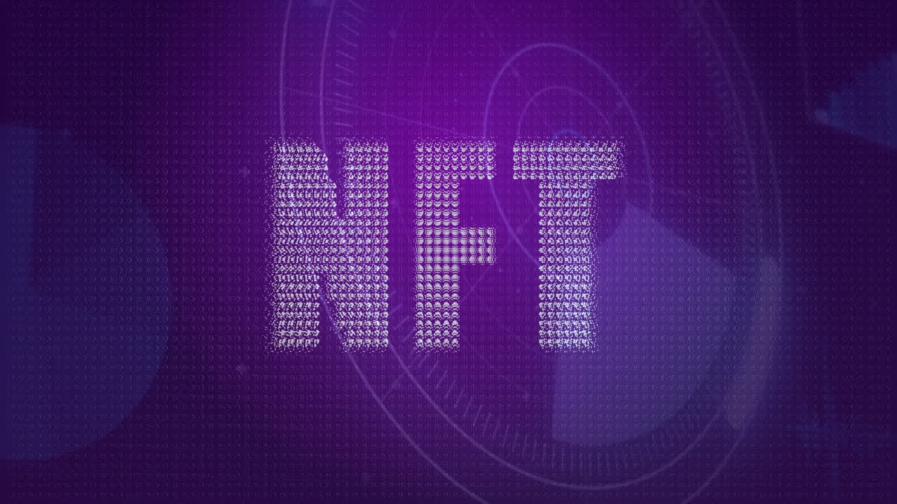 Showing large NFT text forming from small white dots hovering over purple gradient interface