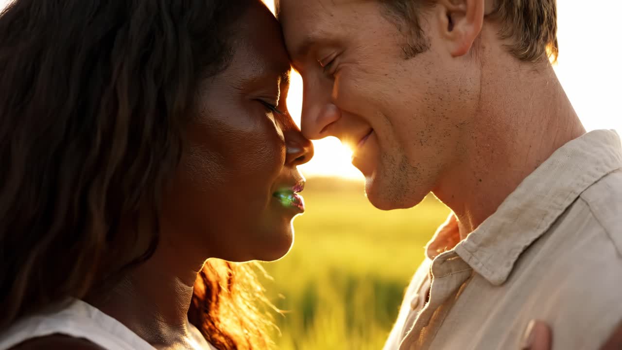 Interracial Couple Sharing an Intimate Moment at Sunset