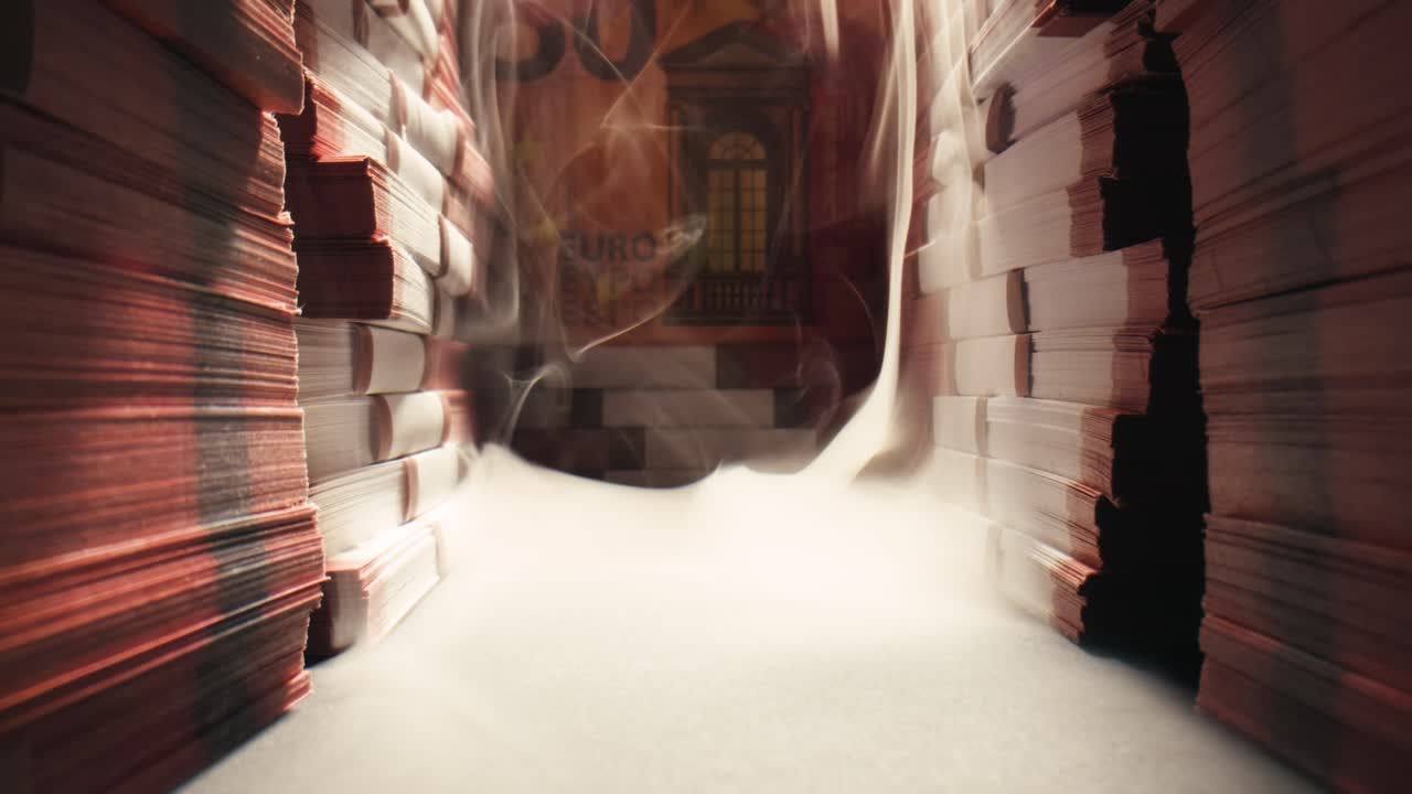 Stacks of cash dollars and euro, Banknotes counting, Specialised police officer Counting dollar euro banknotes in crime lab with machine, cashed out money, bitcoin changing, buying home flat in bank.