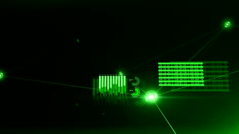 moving through the digital growing green network and data connections. looped 3d animation with graphs, flashes and flares. business and technology concept.