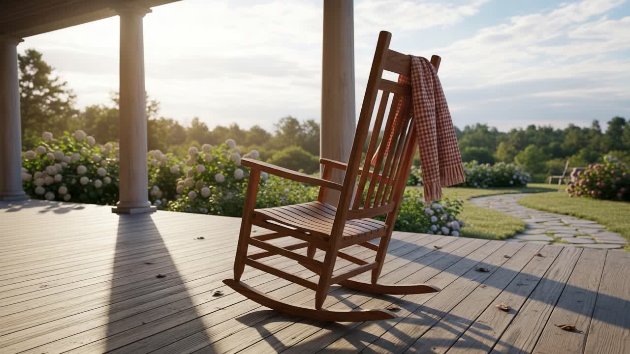 En rolig aften på verandaen: En gyngestol med et hyggeligt tæppe indbyder til afslapning midt i frodige blomstrende haver og blidt sollys