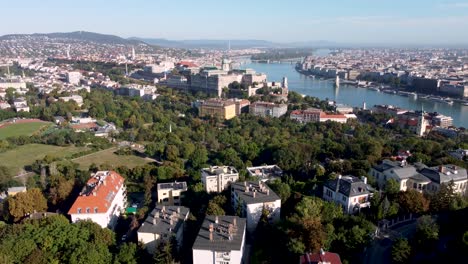 drone pullback panorama view over danube river and castle hill in budapest