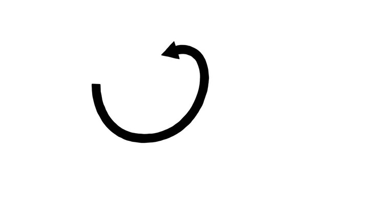 Una freccia nera passa fluidamente da forme ad anello e curve, stile minimal, sfondo bianco, movimento continuo