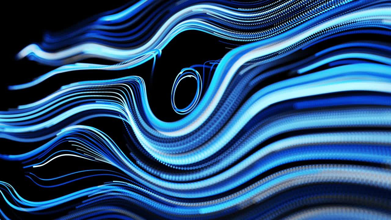 abstracto fondo en bucle 3d con líneas que forman un patrón giratorio como ruido de rizos con rayas de luz. el flujo de partículas forma líneas rizadas como senderos de brillo azul. hermosos remolinos de líneas como bg abstracto