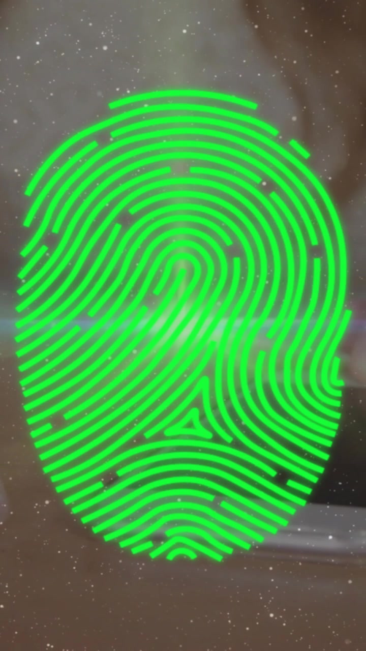 Vertical video: Woman touching phone green flare forming fingerprint scanning bands for security