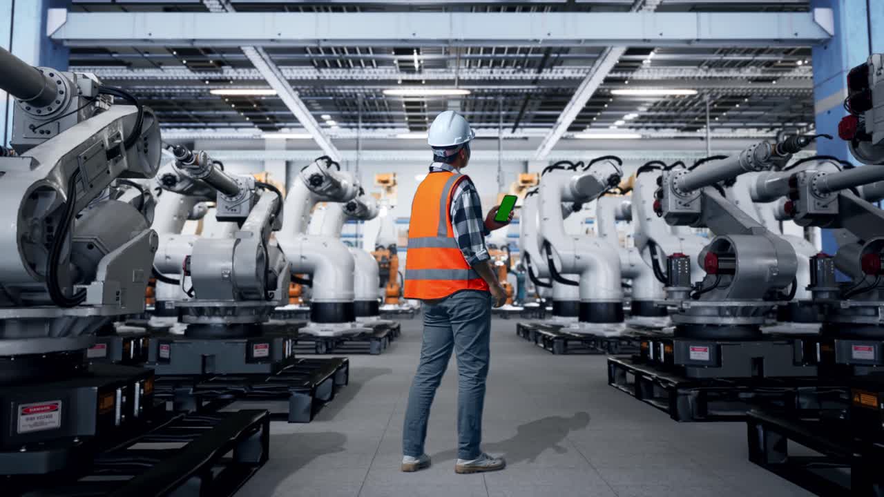 Factory Worker Monitoring Industrial Robots