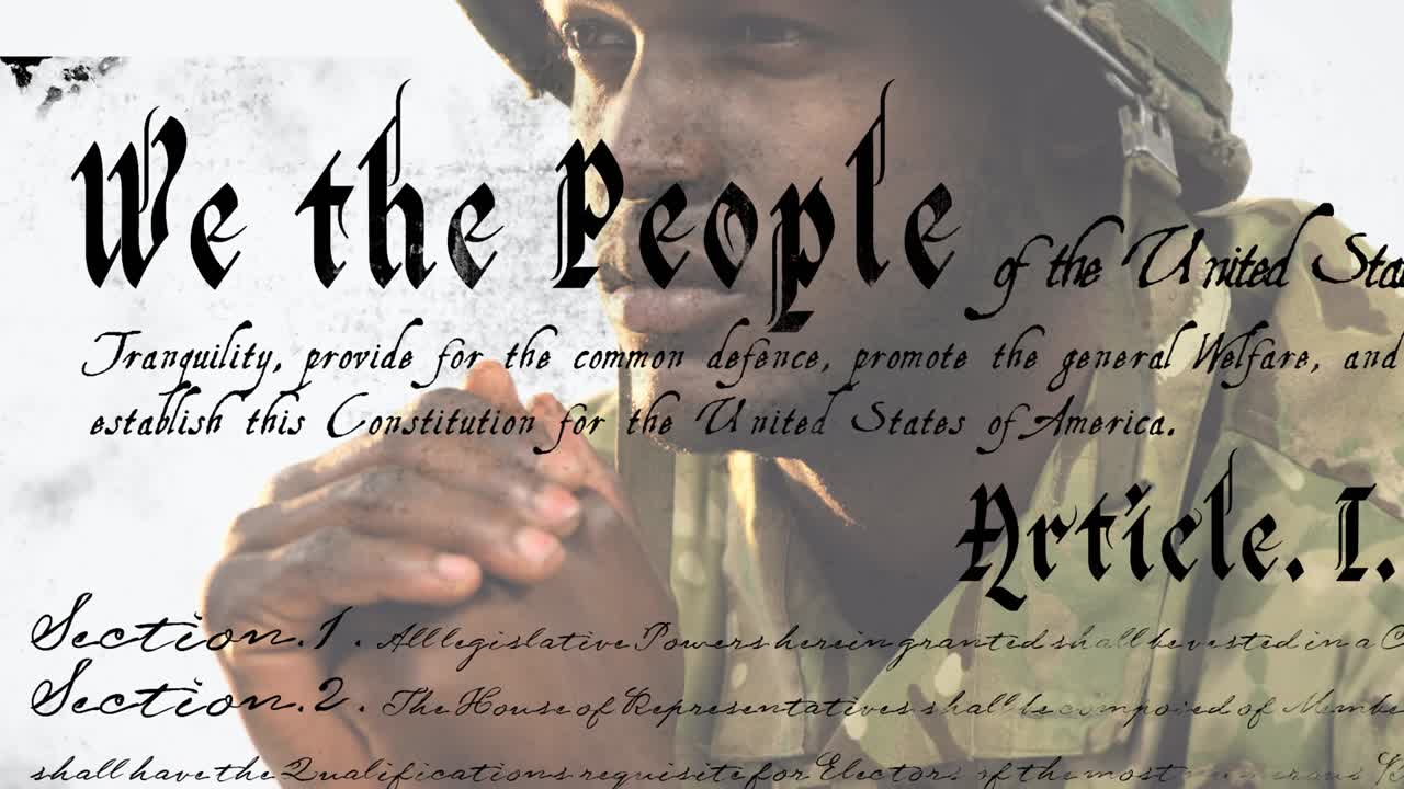 Animation of article text over african american soldier praying