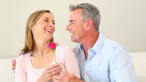 husband surprising his wife with a pink rose