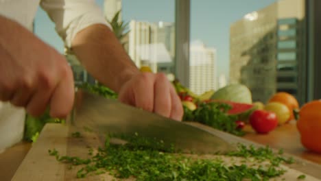 chopping parsley macro shot, cooking process