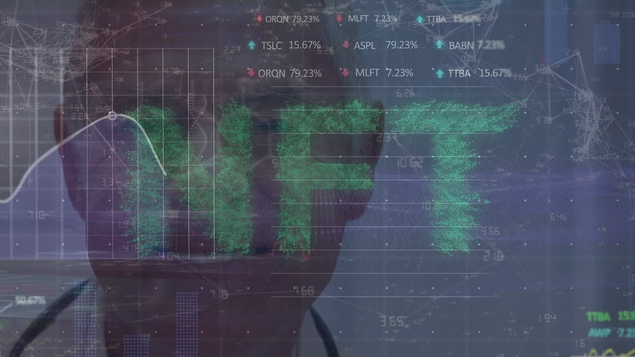 Animation of network of connections and nft text with data processing over caucasian male doctor
