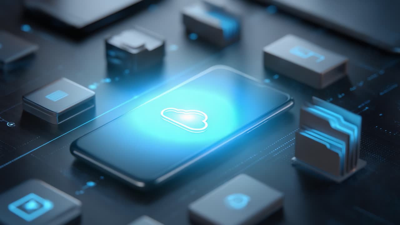 A Futuristic Mobile Device Displaying Cloud Storage Technology Surrounded by Digital Icons and Applications, Illustrating Modern Connectivity and Information Management