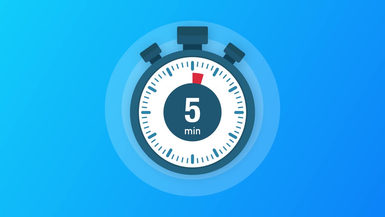 The 5 minutes, stopwatch icon. Stopwatch icon in flat style, timer on on color background. Motion graphics.