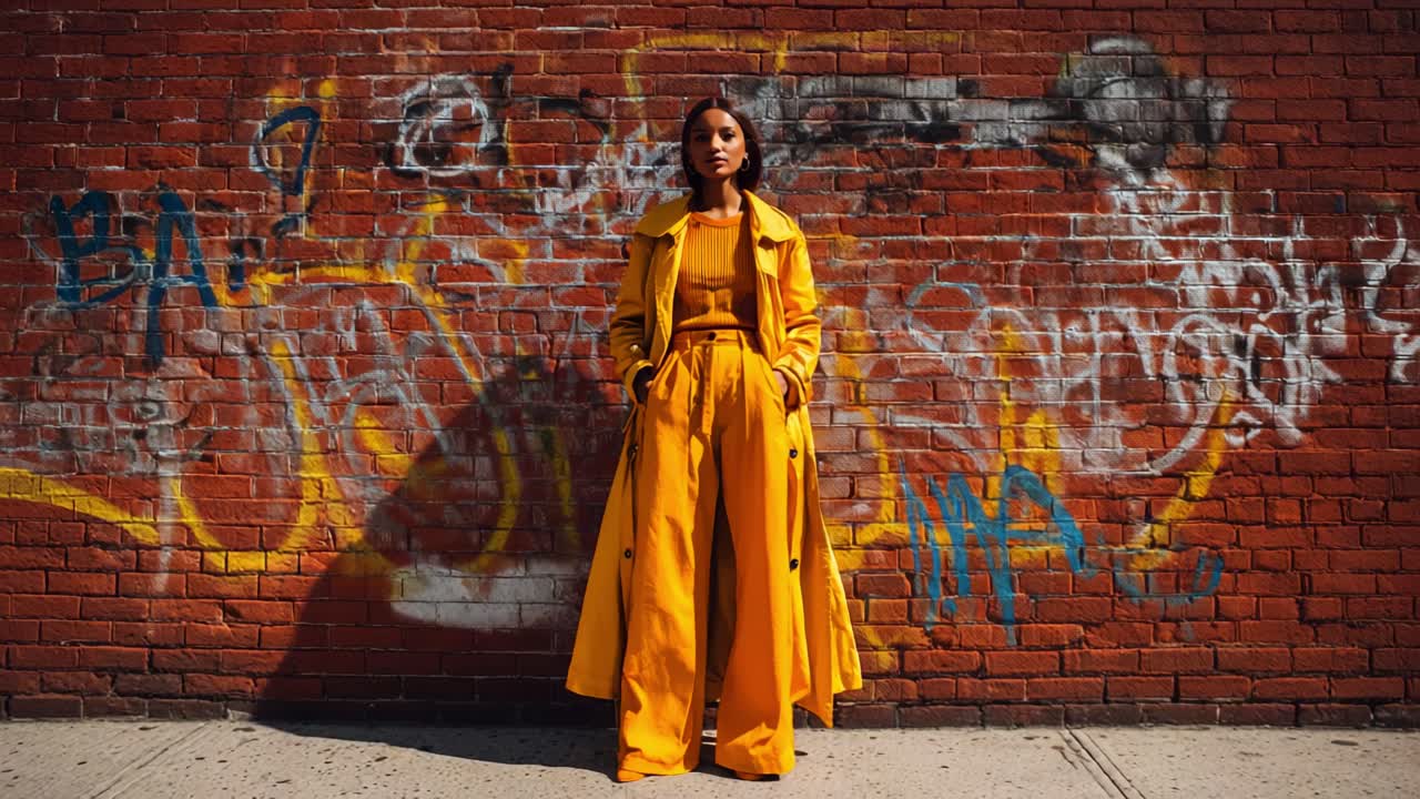 A stylish focal point captured against a vibrant graffiti backdrop, the model showcases a stunning yellow outfit that blends fashion and street art seamlessly in this compelling urban scene