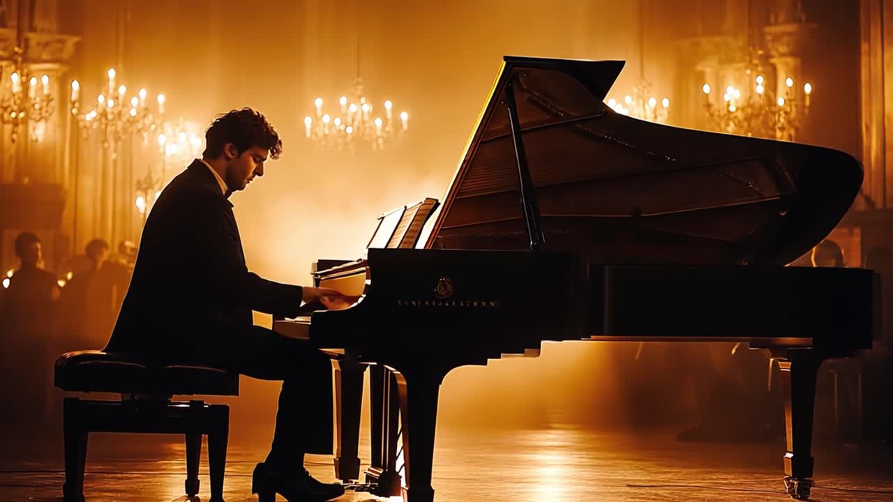 A pianist playing a grand piano on stage during a concert
