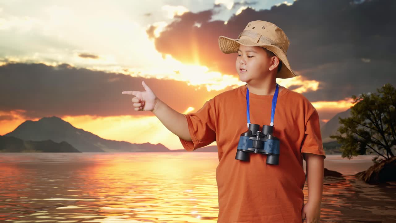 niño asiático con un sombrero y binoculares sonriendo y señalando hacia un lado en un lago. niño investigador examina algo, concepto de aventura de turismo de viaje