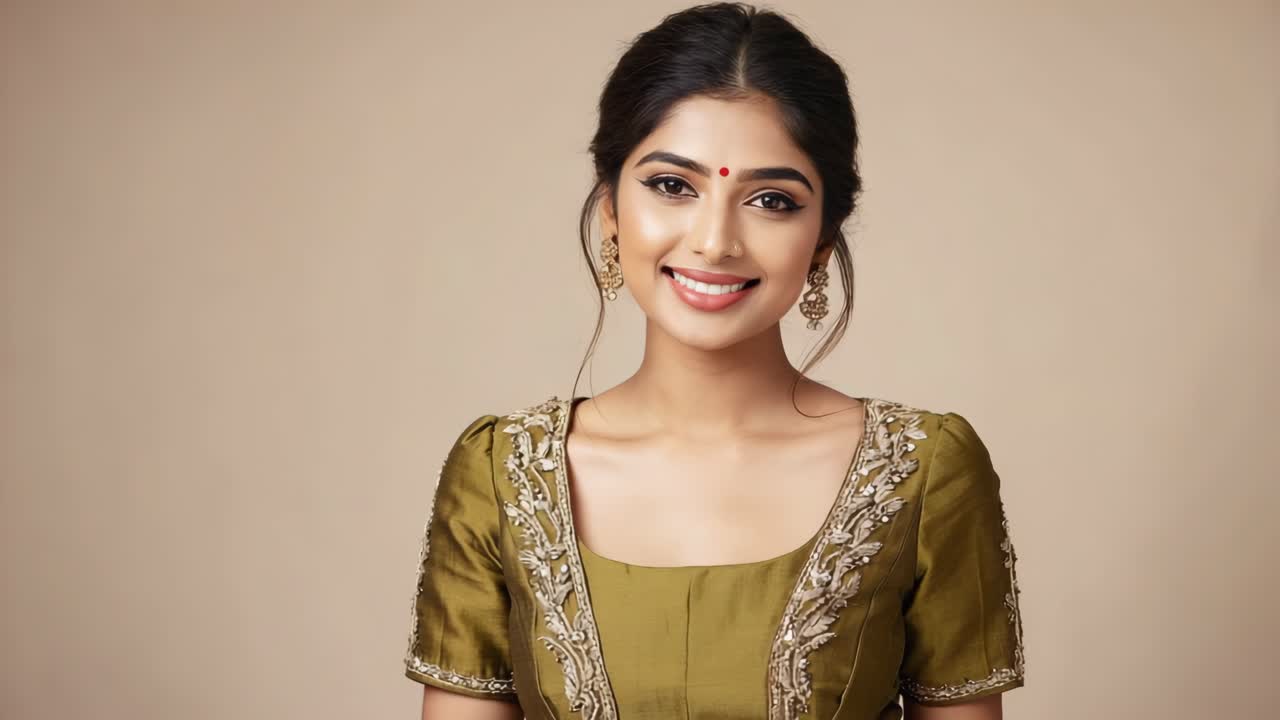 Beautiful young woman wearing traditional ethnic attire, capturing cultural elegance with confident smile, standing in professional studio setting against neutral background