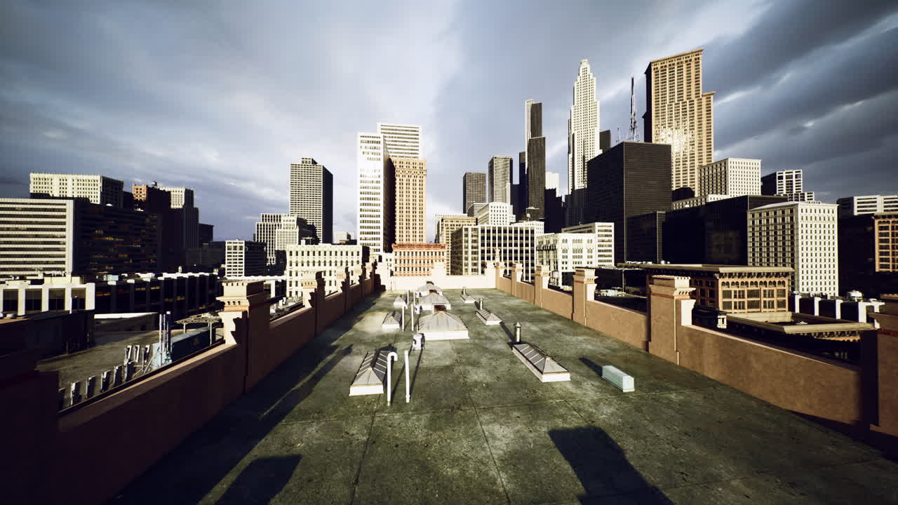 Cityscape view from rooftop showcasing skyscrapers at dusk in urban setting