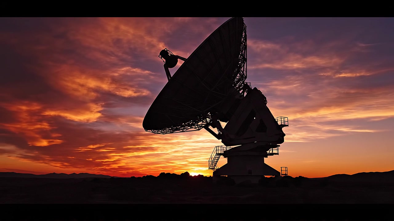 Massive Radio Telescope Silhouette Against Vibrant Orange Sunset Sky