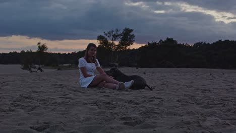 amplia vista de una mujer joven con un staffordshire terrier americano acostado junto a ella en las dunas de arena al atardecer