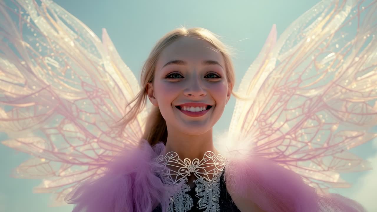 Camera zooming revealing model smiling against blue sky, showcasing wings wrap choker