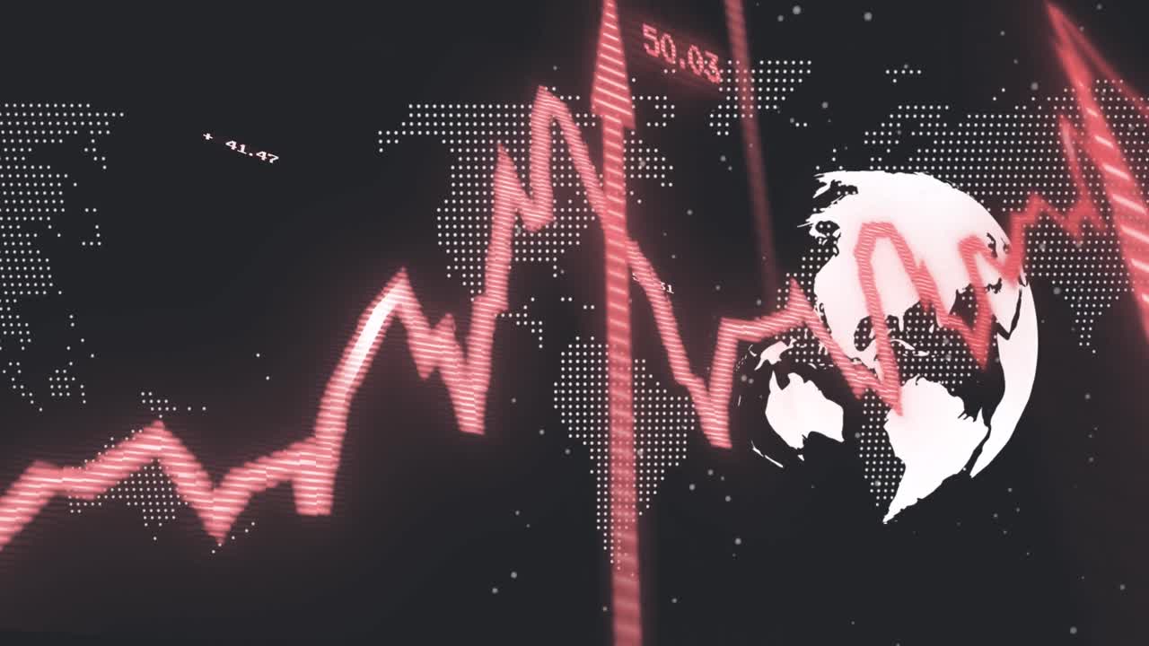 검은색 배경에 그래프와 화살표가 있는 지구와 세계 지도의 애니메이션