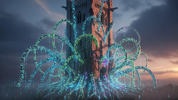 A Majestic Tower Surrounded by Vibrant, Flowing Digital Tendrils: An Intricate Fusion of Gothic Architecture and Modern Technology in a Stunning Landscape