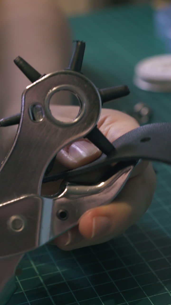CU: Experienced tailor makes holes in black leather belt with silver punch pliers in workshop close view